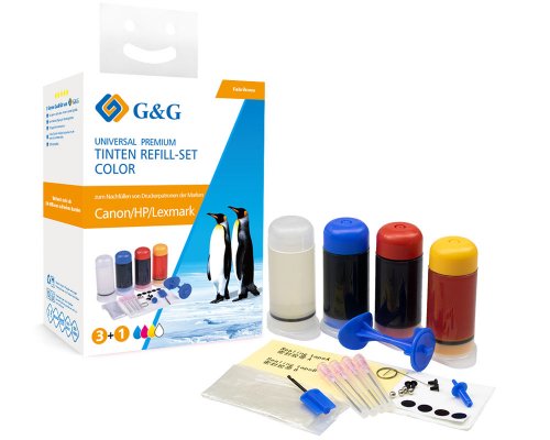 G&G Universal Refillset für Tintenpatronen - 90 ml farbige Druckertinte (c,m,y) + 30 ml Düsenreiniger + viel Zubehör