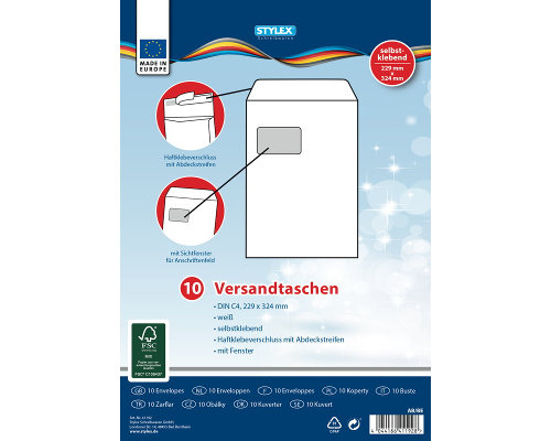 10 Versandtaschen C4, mit Fenster, selbstklebend, weiß