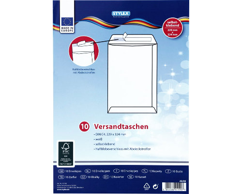 10 Versandtaschen C4, ohne Fenster, selbstklebend, weiß