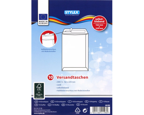 10 Versandtaschen C5, ohne Fenster, selbstklebend, weiß