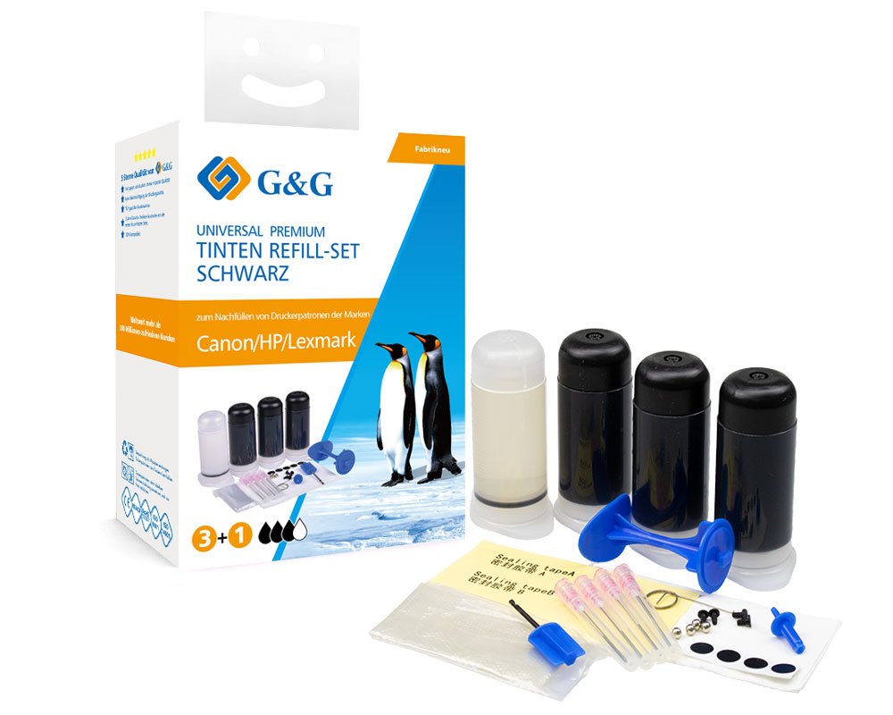 G&G Universal Refillset für Tintenpatronen - 90 ml Schwarze Druckertinte + 30 ml Düsenreiniger + viel Zubehör [modell]