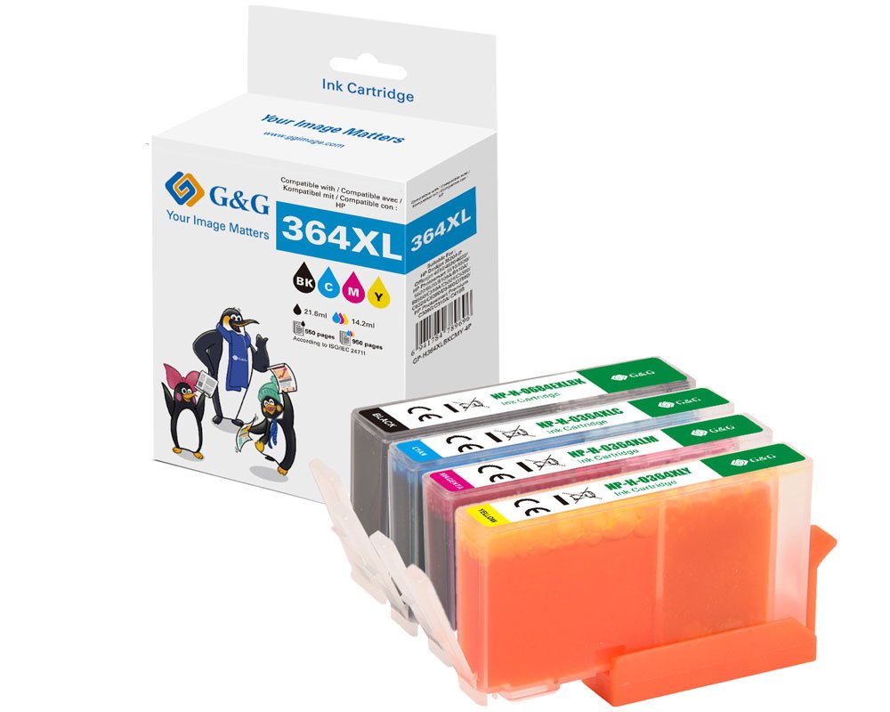 Kompatibel mit HP 364XL/ N9J74AE XL-Druckerpatronen 4er-Set: Je 1x Schwarz, Cyan, Magenta, Gelb [modell] - Marke: G&G