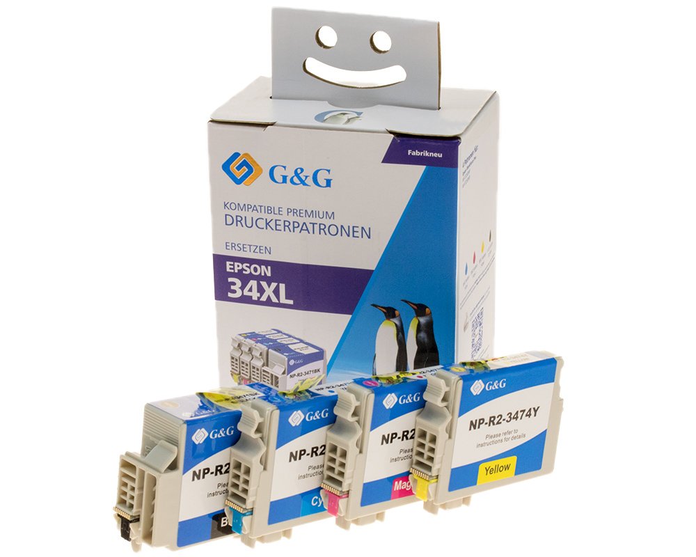 Kompatibel mit Epson 34XL/ T3476 Druckerpatronen 4er-Multipack: Je 1x Schwarz, Cyan, Magenta, Gelb [modell] - Marke: G&G