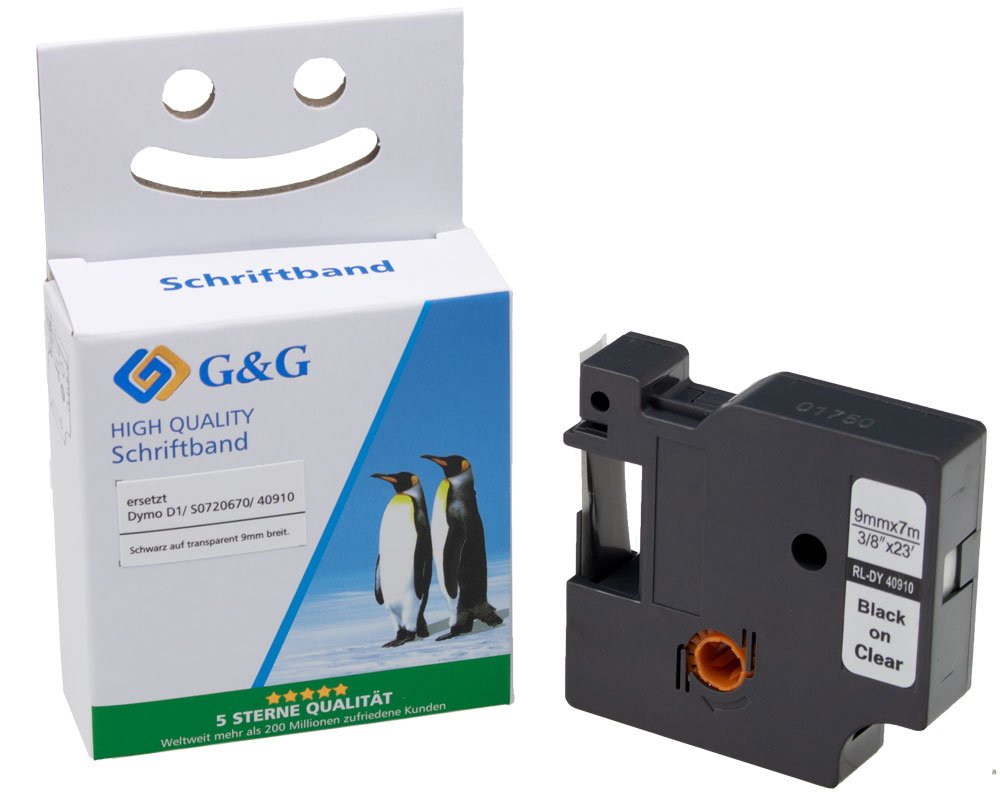 Kompatibel mit Dymo D1/ 40910/ S0720670 Schriftband (9mm x 7m) Schwarz auf transparent [modell] - Marke: G&G