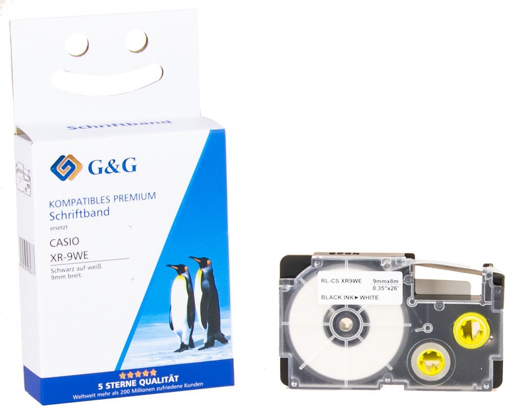 Kompatibel mit Casio XR-9WE1 Schriftband Schwarz auf weiß, 9mm x 8m [modell] - Marke: G&G