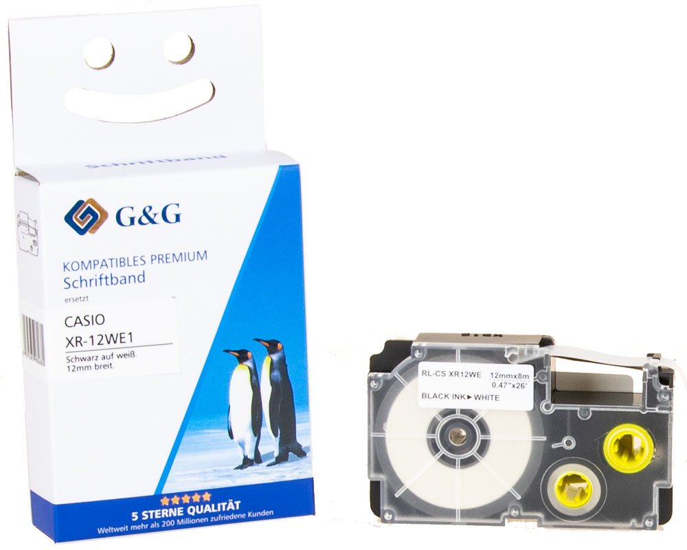 Kompatibel mit Casio XR-12WE1 Schriftband Schwarz auf weiß, 12mm x 8m [modell] - Marke: G&G