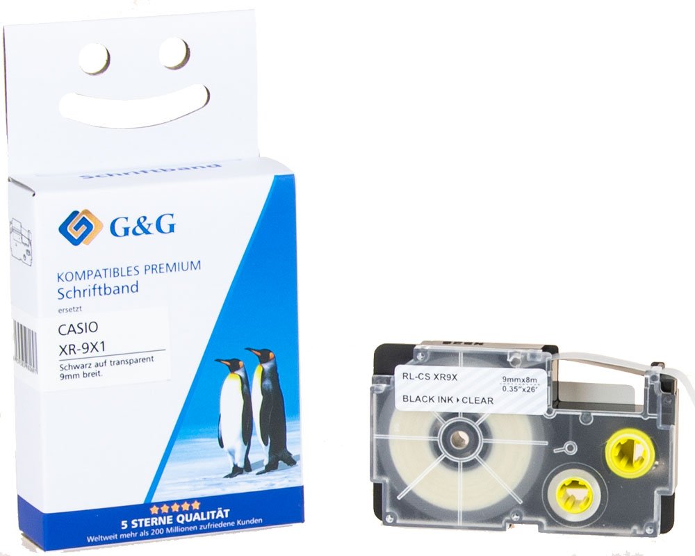 Kompatibel mit Casio XR-9X1 Schriftband Schwarz auf transparent, 9mm x 8m [modell] - Marke: G&G