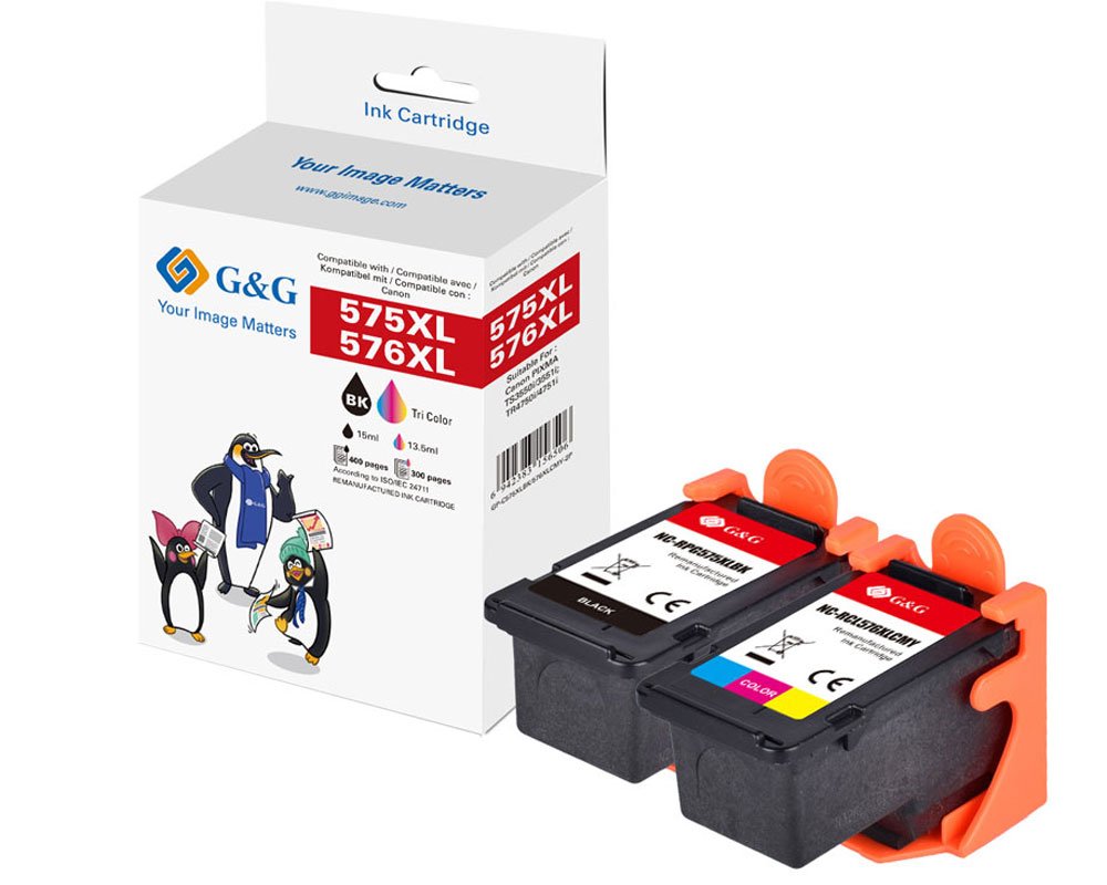 Kompatibel mit Canon PG-575XL und CL-576XL Druckerpatronen-Multipack [modell] XXL Füllmenge: 15 ml schwarz (400 Seiten) + 13,5 ml color (300 Seiten) - von G&G