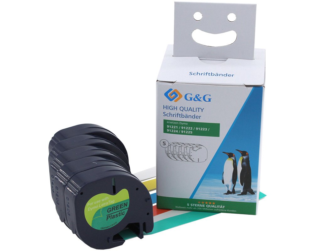 Kompatibel mit Dymo 91221/ 91222/ 91223/ 91224/ 91225 Plastik-Etiketten/ Schriftbandkassetten 5er-Multipack: Schwarz auf weiß/Gelb/rot/grün/blau 12mm x 4m [modell] Marke G&G
