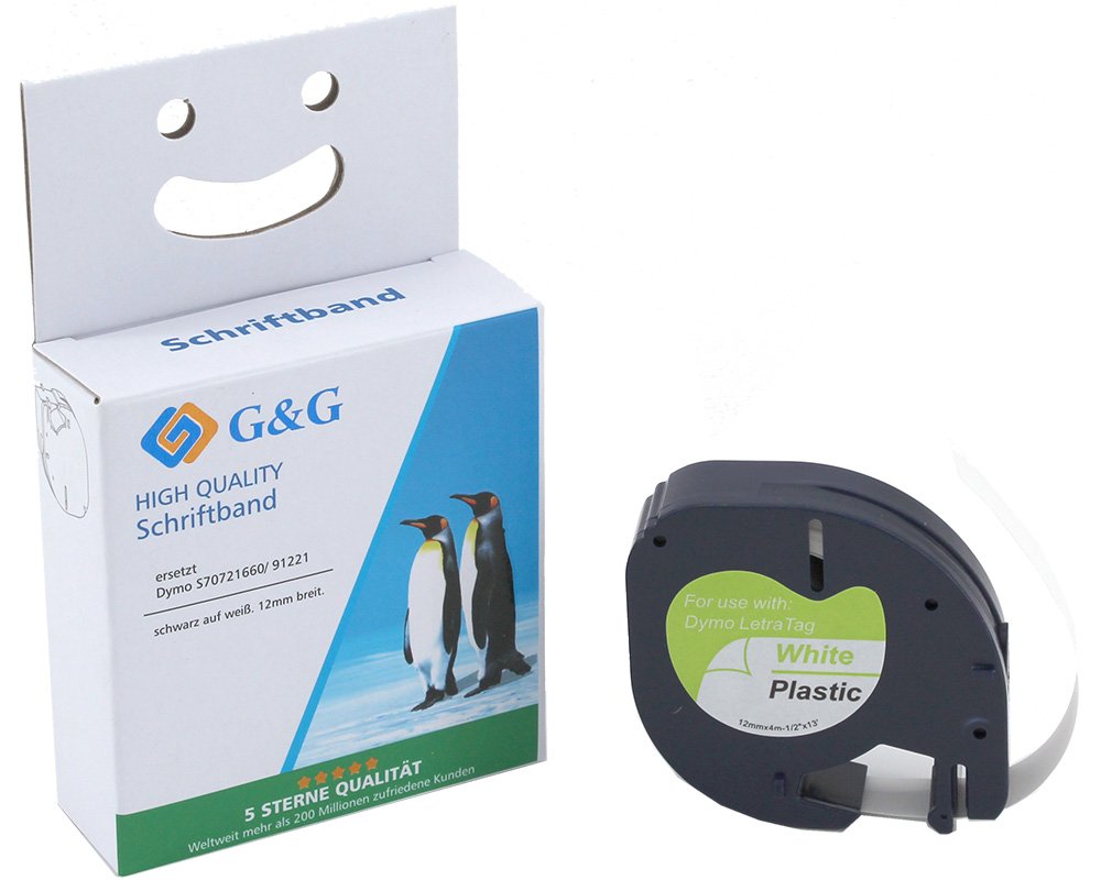Kompatibel mit Dymo S0721660/ 91221 Plastik-Etiketten/ Schriftbandkassette (12mm x 4m) Schwarz auf weiß [modell] - Marke: G&G