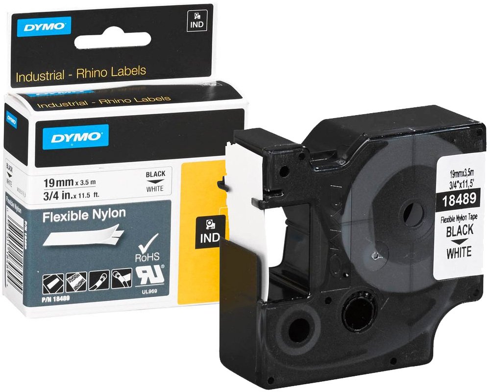 Dymo Original-Schriftband 18489 für Dymo Rhino, 19 mm breit, schwarz auf weiß - Material: Nylon