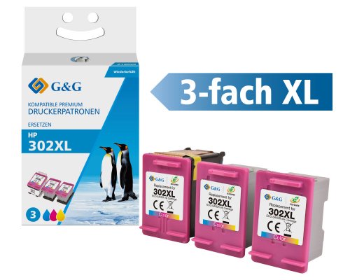 Kompatibel mit HP 302XL/ F6U67AE Color, Ecosaver: 1x Adapter + 3x XL-Tintentanks jetzt kaufen - Marke: G&G
