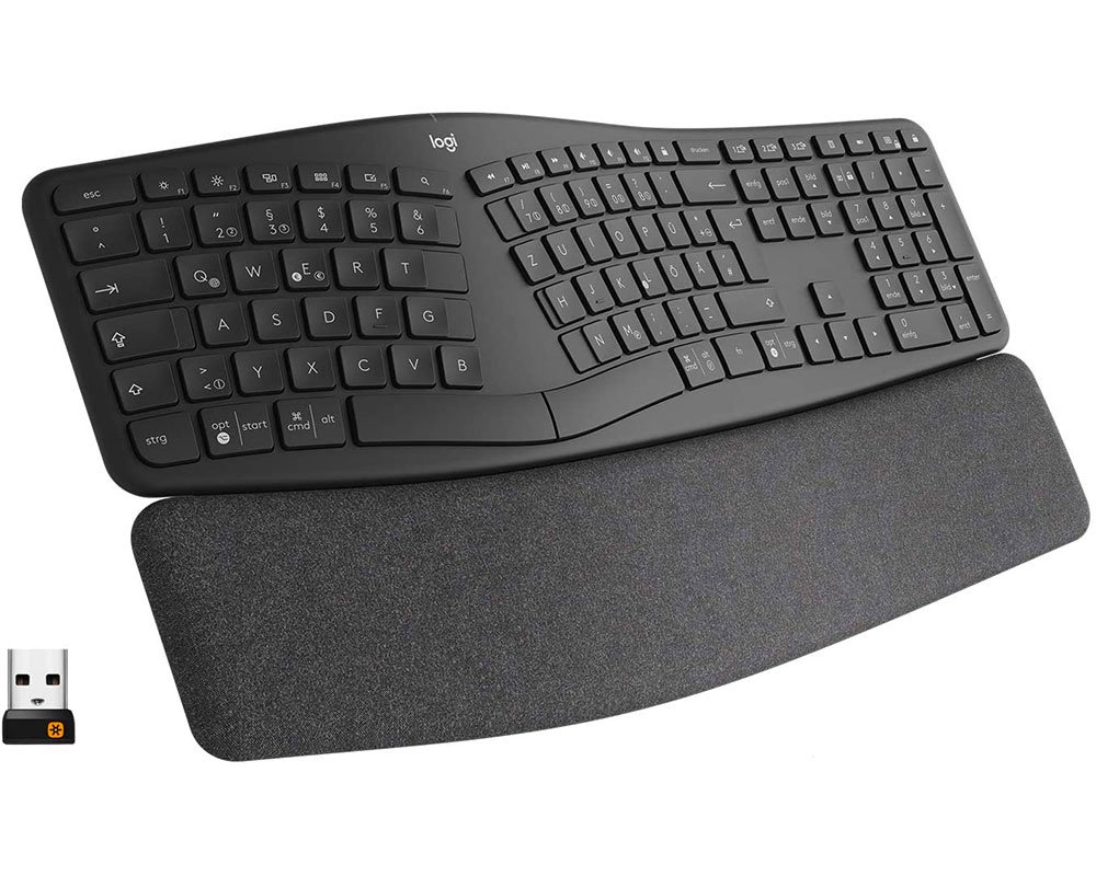 Logitech ERGO K860 kabellose ergonomische Tastatur – geteilte Tastatur, Handballenauflage