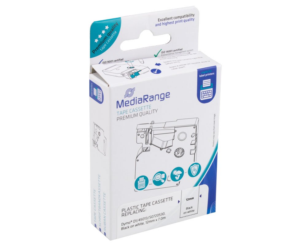 Mediarange Schriftband MRDY45013 Kompatibel mit Dymo D1/ 45013/ S0720530 (12mm x 7m) Schwarz auf weiß [modell] 