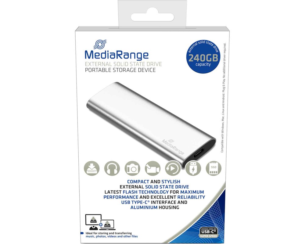 MediaRange externes USB Type-C® SSD-Festplatte (Solid State Laufwerk), 240GB, silber MR1101