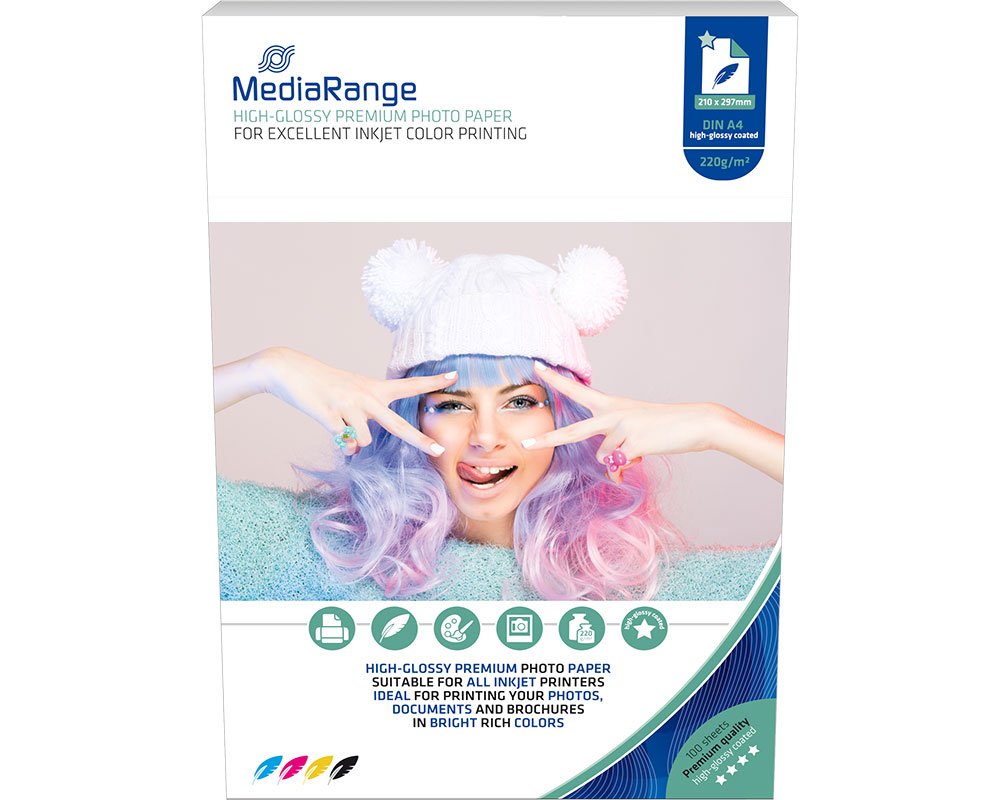 MediaRange Fotopapier für Tintenstrahldrucker A4, glänzend, 220g, 100 Blatt (MRINK103)