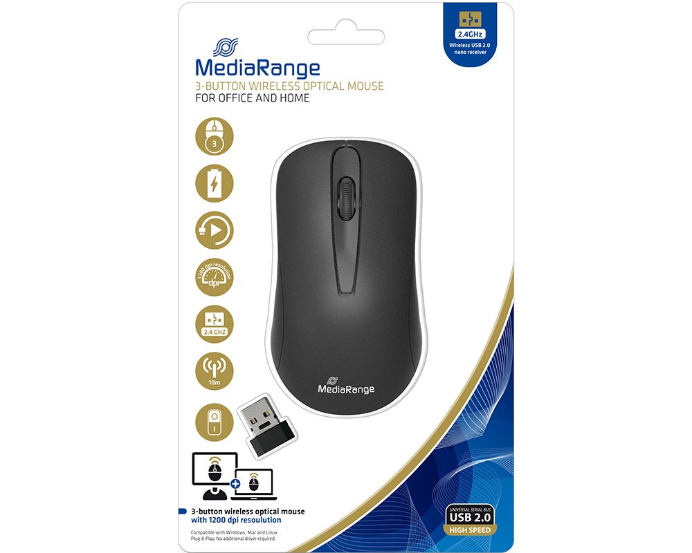 MediaRange Optische Mouse, Funkmaus / kabellos, 1200 dpi, 3 Tasten, mit Scrollrad MROS209