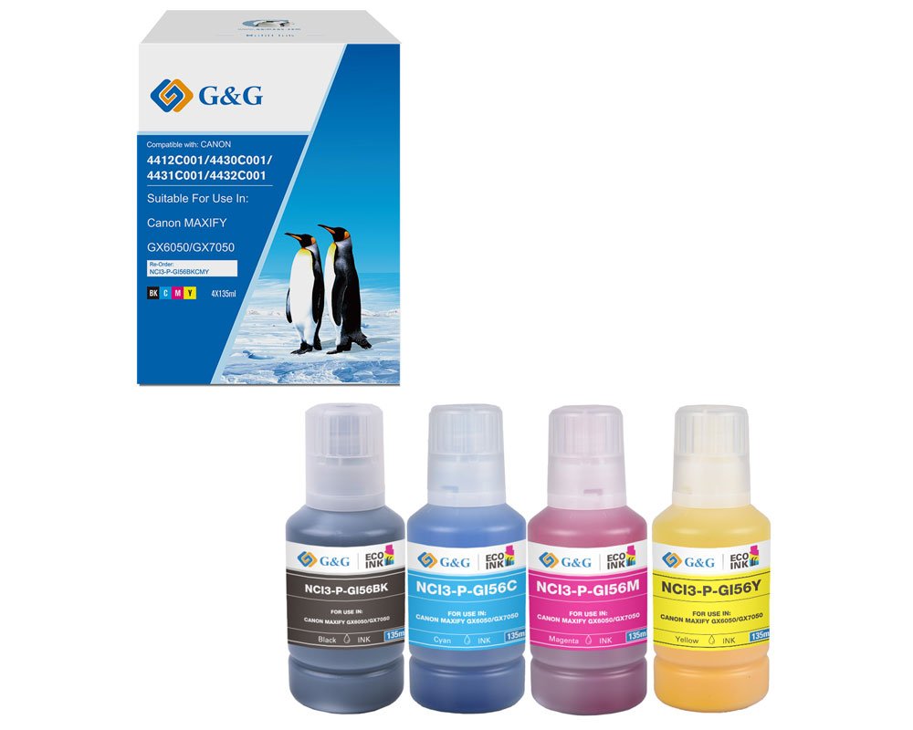 Kompatibel zu Canon GI-56 Nachfüll-Tinte -4er Multipack - (4x 135,00 ml) je 1x Schwarz, Cyan, Magenta, Gelb [modell] - Marke: G&G