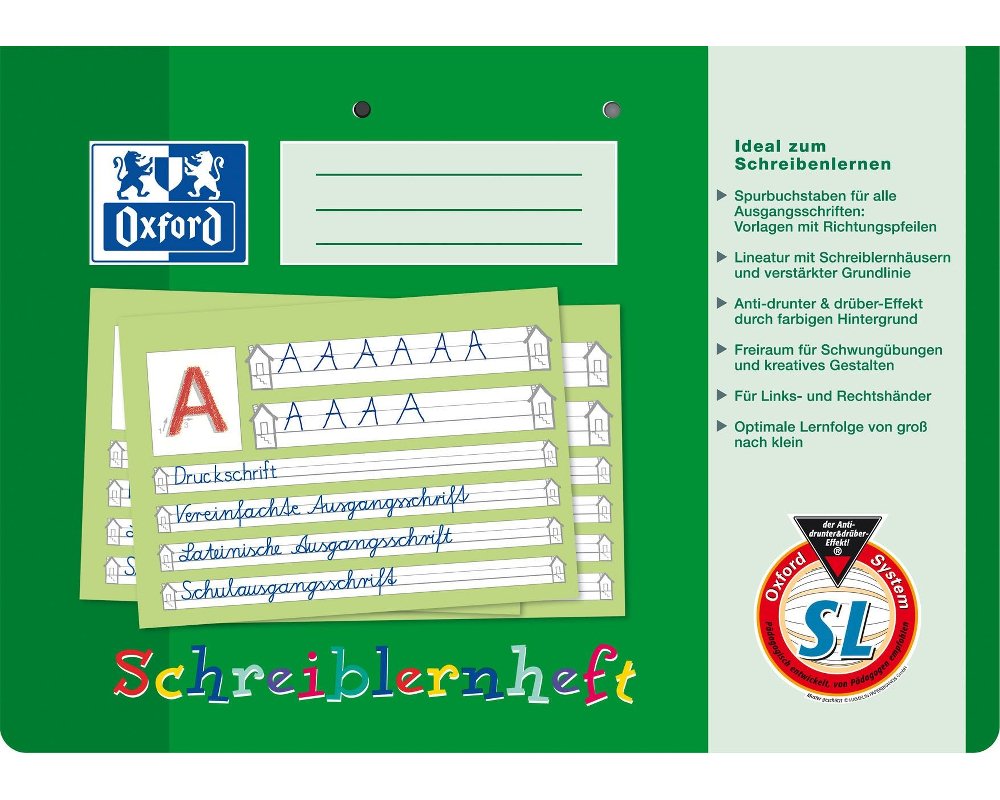 Oxford Schreiblernheft A4 quer 16 Blatt Lineatur SL 80 g/m² 2fach gelocht - mit Gelbem Mittelband