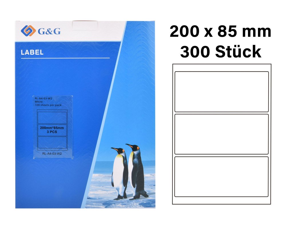 G&G 300 Etiketten 200 x 85 mm (auf 100 Blätter A4) für Tintenstrahl- und Laserdrucker geeignet