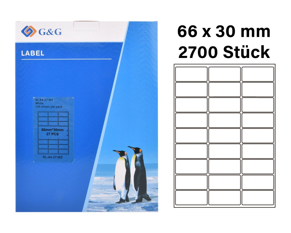 G&G 2700 Etiketten 66 x 30 mm (auf 100 Blätter A4) für Tintenstrahl- und Laserdrucker geeignet