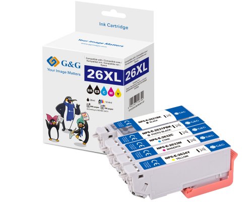 Kompatibel mit Epson 26XL Druckerpatronen 5er-Set: Je 1x Textschwarz, Fotoschwarz, Cyan, Magenta, Gelb jetzt kaufen - Marke: G&G