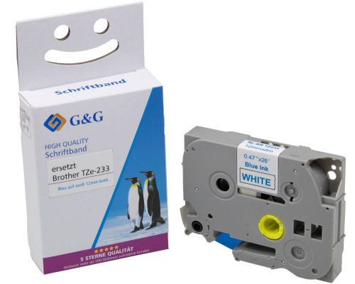 Kompatibel mit Brother TZe-233 Schriftband (12mm x 8m, laminiert) blau auf weiß jetzt kaufen - Marke: G&G