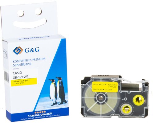Kompatibel mit Casio XR-12YW1 Schriftband Schwarz auf Gelb, 12mm x 8m jetzt kaufen - Marke: G&G