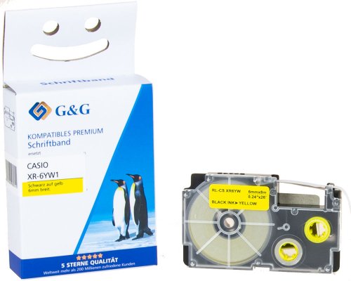 Kompatibel mit Casio XR-6YW1 Schriftband Schwarz auf Gelb, 6mm x 8m jetzt kaufen - Marke: G&G