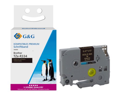 Kompatibel mit Brother TZe-R334, 12mm, Seiden Schriftband Gold auf Schwarz jetzt kaufen - Marke: G&G