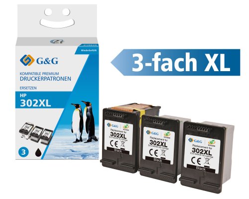 Kompatibel mit HP 302XL/ F6U68AE Schwarz, Ecosaver: 1x Adapter + 3x XL-Tintentanks [modell] - Marke: G&G