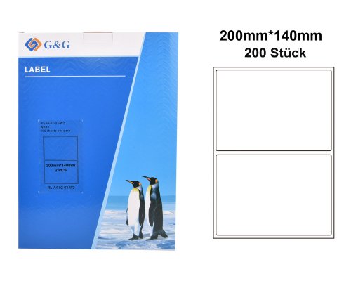 G&G 200 Etiketten 200x140 mm (auf 100 Blätter A4) für Tintenstrahl- und Laserdrucker geeignet