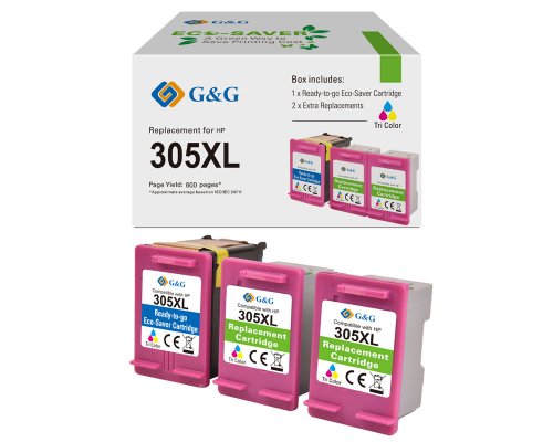 Kompatibel mit HP 305XL/ 3YM63AE, Ecosaver: 1x Adapter + 3x XXL-Tintentanks Color jetzt kaufen - Marke: G&G (XXL: 3x 18,6ml/ 1.350 Seiten)