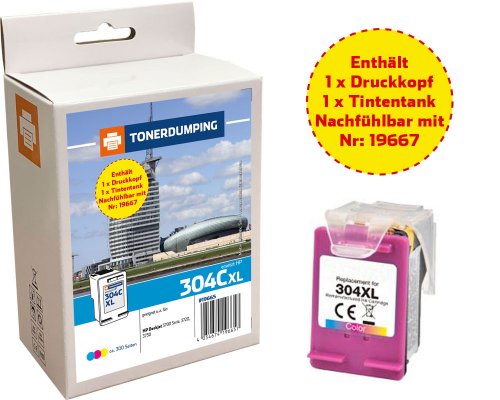 1x Adapter + 1x XL-Tintentank kompatibel mit HP 304XL/ N9K07AE Super-Spar-Set: Color jetzt kaufen - Marke: TONERDUMPING