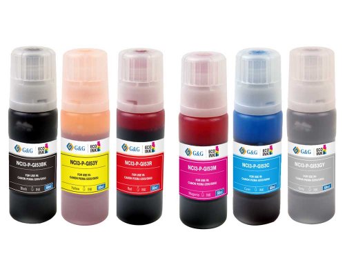 Kompatibel zu Canon GI-53 Nachfüll-Tinte - 6er Multipack - (6x 60,0 ml) je 1x Schwarz, Cyan, Magenta, Gelb, Rot, Grau jetzt kaufen - Marke: G&G