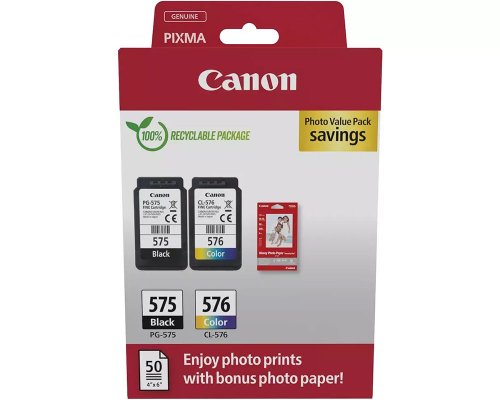 Canon Original-Multipack: 1x PG-575 schwarz + 1x CL-576 Farb-Druckerpatrone + 50 Blatt Fotopapier 10x15cm 5438C004 jetzt kaufen