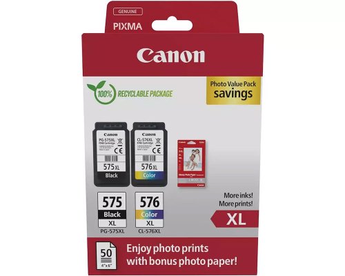 Canon Original-Multipack: 1x PG-575XL schwarz + 1x CL-576 Farb-Druckerpatronen + 50 Blatt Fotopapier 10x15cm 5437C006 jetzt kaufen