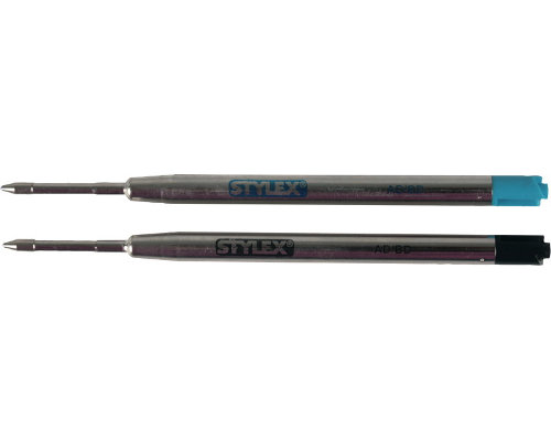 2 Stylex Großraum-Kugelschreiberminen Tintenfarben blau und Schwarz, Strichstärke 1 mm