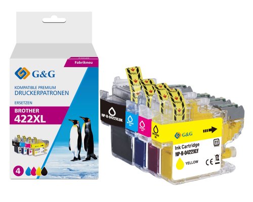 Kompatibel mit 4 Brother 422XL Druckerpatronen LC422XLVAL jetzt kaufen schwarz (3.000 Seiten), cyan, magenta, gelb (1.500 Seiten) - Marke: G&G