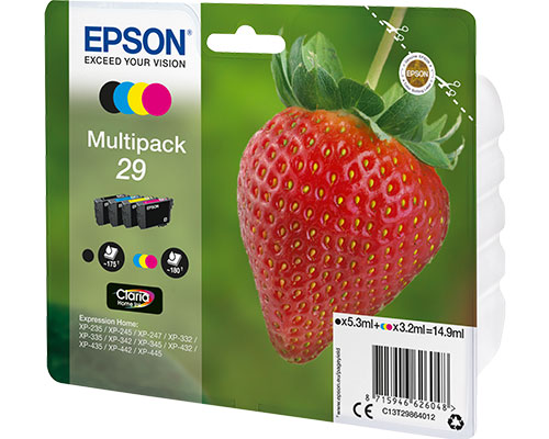 Epson 29 Multipack Erdbeere T2986 (3 x 3,2 ml + 5,3ml) Schwarz, Cyan, Magenta und Gelb jetzt kaufen