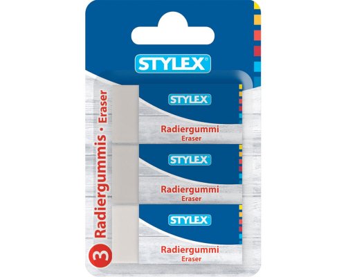 3 Stylex Radiergummis weiß mit Pappbanderole als Schiebehülse
