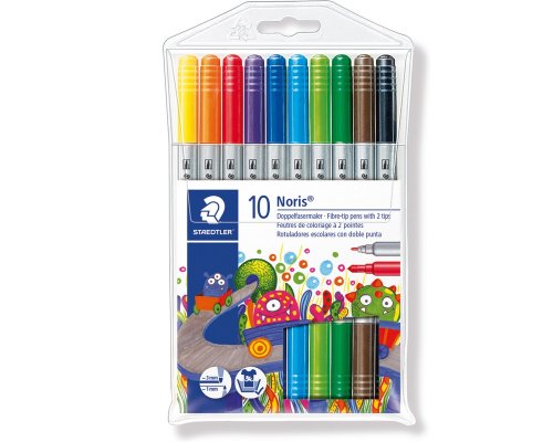 Staedtler 10 Doppelfasermaler Noris Club®, 2 Spitzen: dünn 1,0 mm; dick 3,0 mm, 10 Filzstifte im Etui