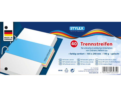 40 Trennstreifen 10,5x24cm gelocht, mehrfarbig