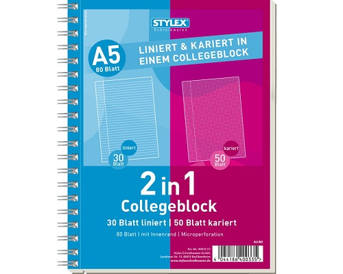 Stylex Collegeblock DIN-A5, 2-in-1: kariert (50 Blatt) und liniert (30 Blatt)