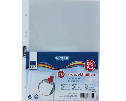 Stylex-Prospekthüllen, A5, 10 Stück-Packung - Mehrfachlochung, dokumentenecht, transparent