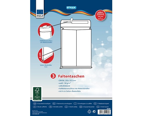 3 Falten-Versandtaschen, B4, ohne Fenster, weiß
