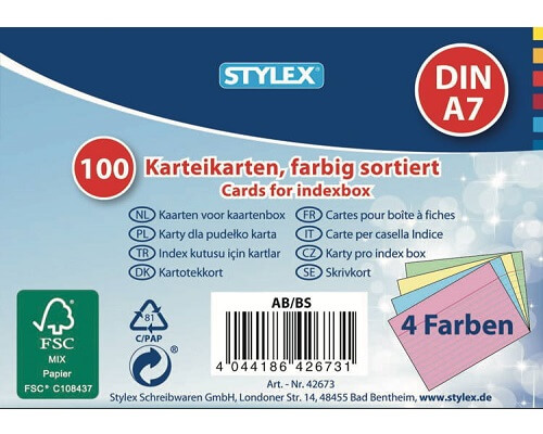 100 Karteikarten A7, farbig sortiert, FSC-zertifiziert