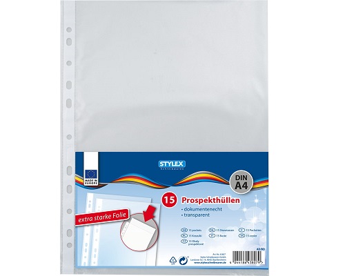 Stylex-Prospekthüllen, A4 15 Stück-Packung - glasklar, extra starke Folie, dokumentenecht, Mehrfachlochung