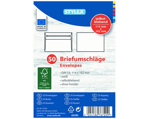 25 Briefumschläge C6, ohne Fenster, weiß, selbstklebend - von Stylex