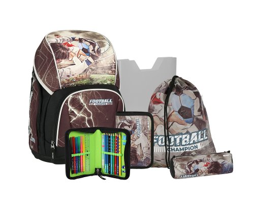 Spirit VARIO Schulranzen Set FOOTBALL, 5-teilig - mit extra viel Platz (26 Liter), Magnetverschluss - stabil, trotzdem leicht (ca. 980 g Leergewicht)